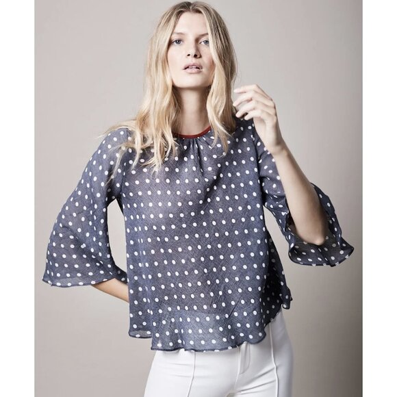 Smythe Tops - SMYTHE Bardot Linen Blend Bell Sleeve Blouse Navy Polka Dot Rust Preppy Size XS